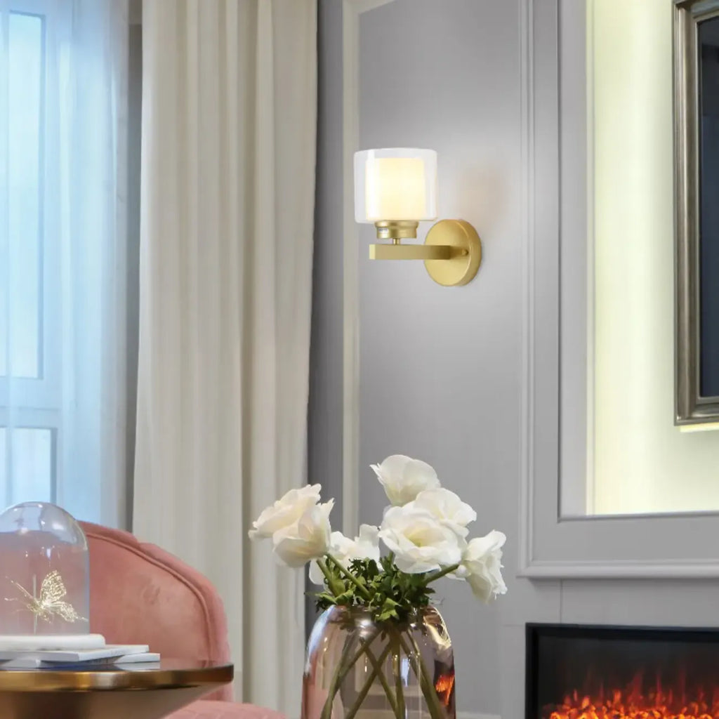 Modern Cylinder Brass Glass Shade Wall Sconce Light Fixture
