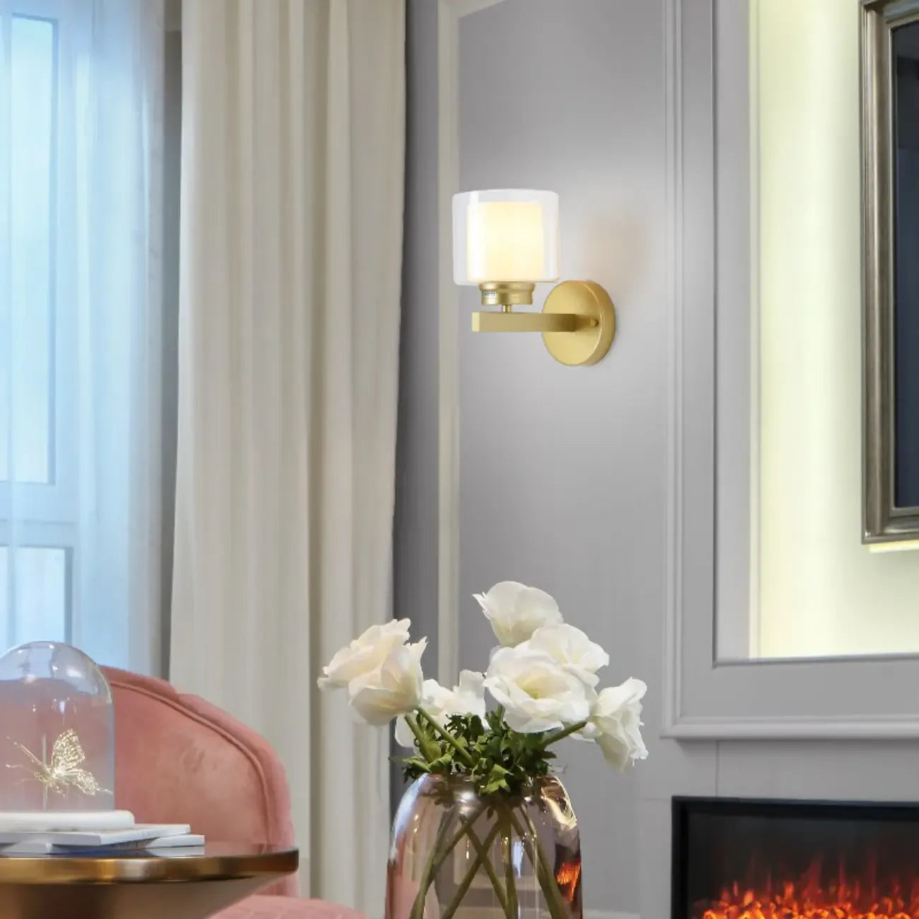 Modern Cylinder Brass Glass Shade Wall Sconce Light Fixture