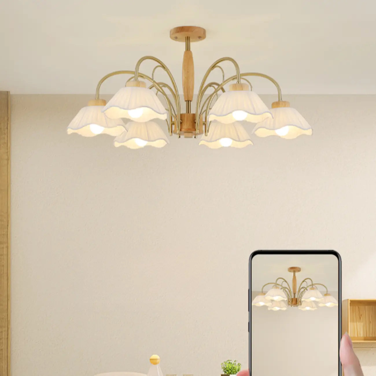 Floral Fabric Ceiling Light for Living Room in Natural Finish
