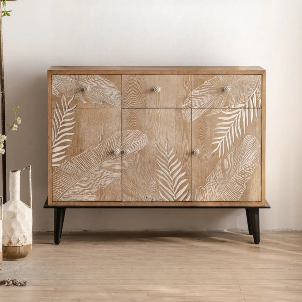 French Country Wooden Parlor Cabinet with Leaf Patterns