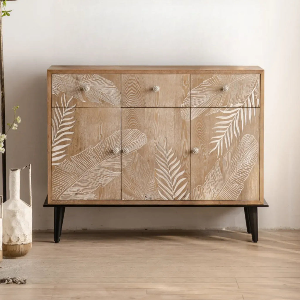 French Country Wooden Parlor Cabinet with Leaf Patterns