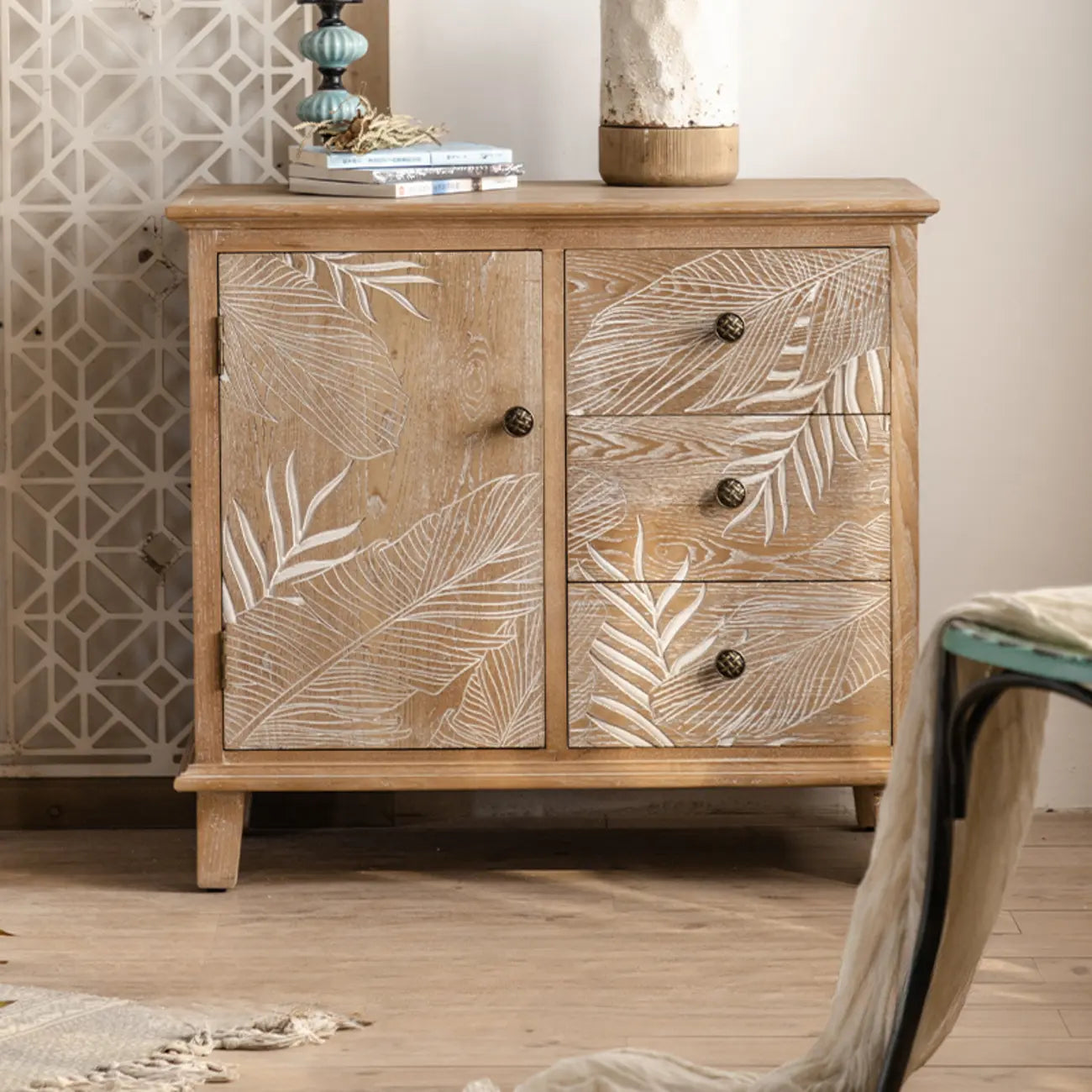 French Country Wooden Parlor Cabinet with Leaf Patterns