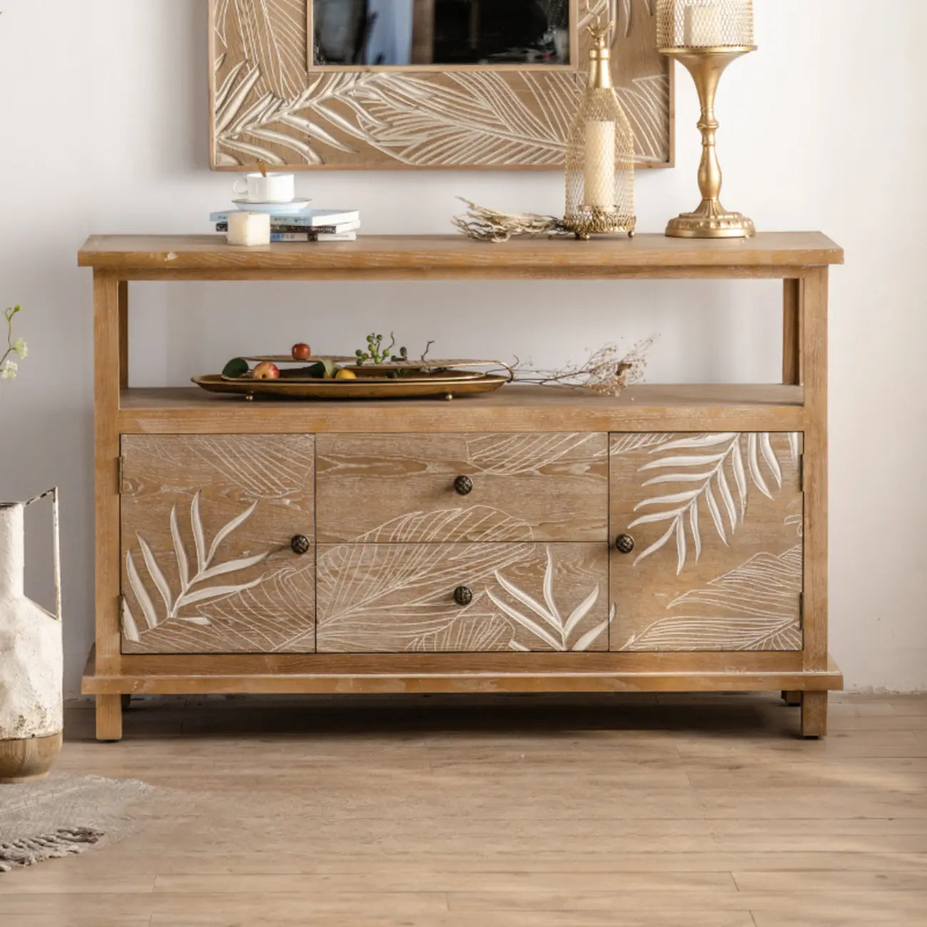 French Country Wooden Parlor Cabinet with Leaf Patterns