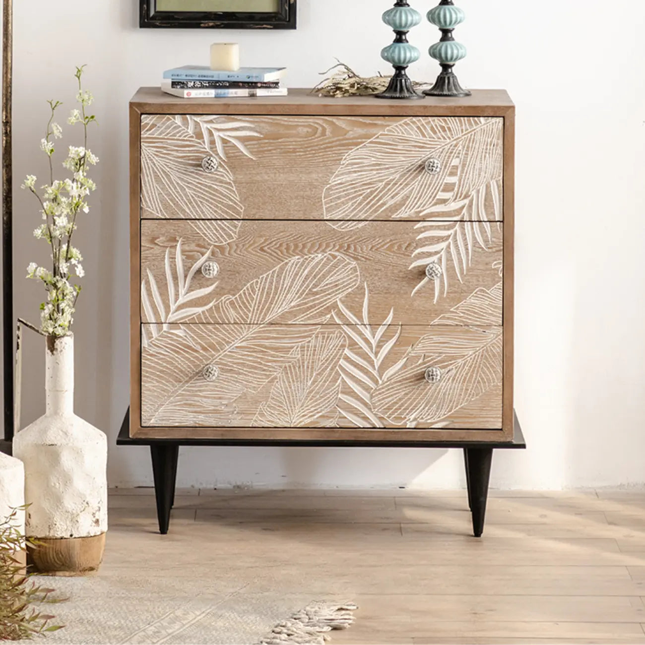 French Country Wooden Parlor Cabinet with Leaf Patterns