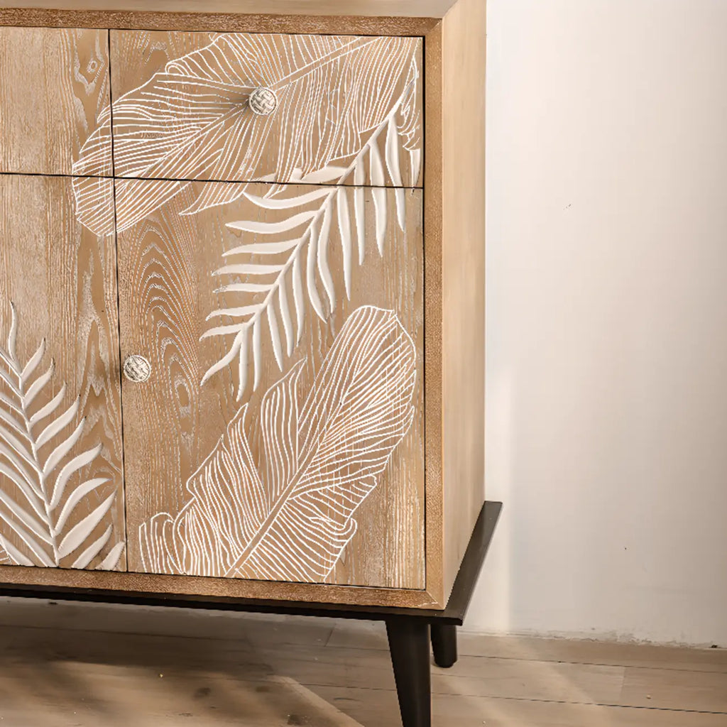 French Country Wooden Parlor Cabinet with Leaf Patterns