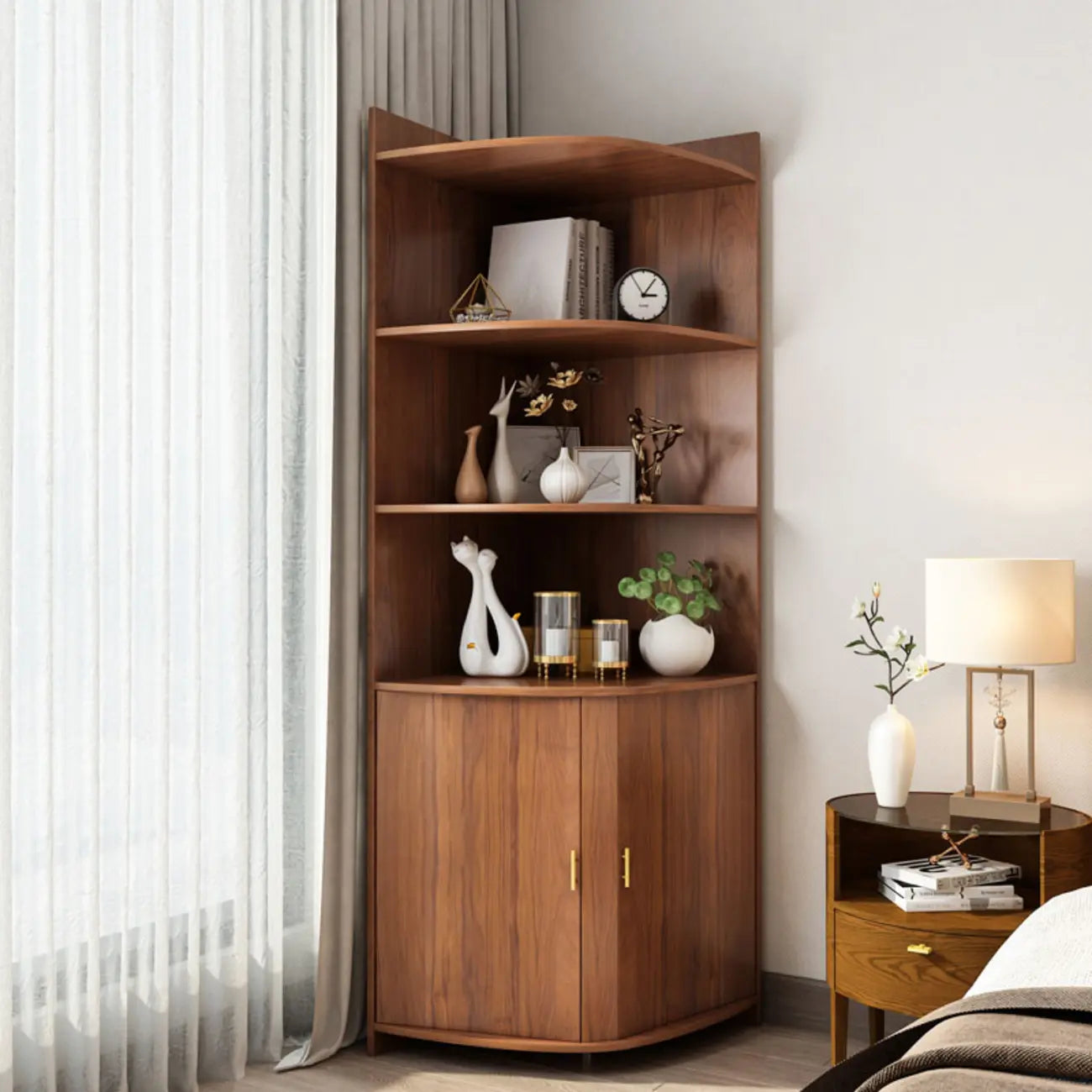 Modern Ample Storage Brown Wooden Corner Display Cabinet