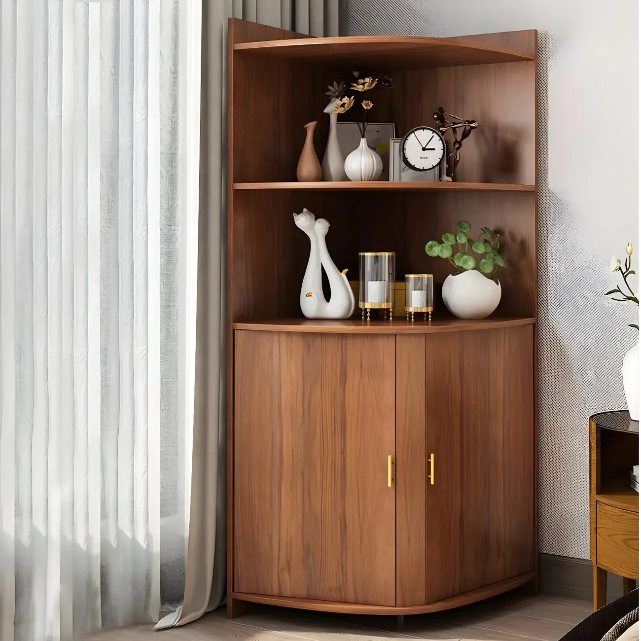 Modern Ample Storage Brown Wooden Corner Display Cabinet