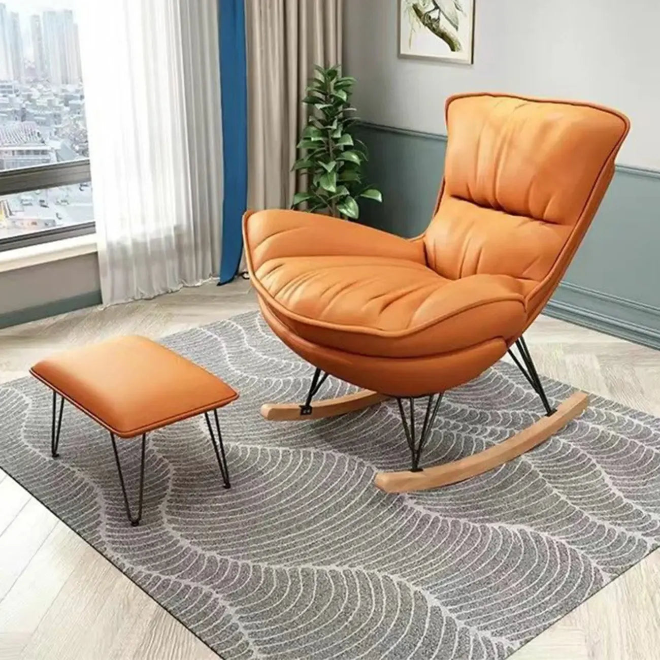 Armless Upholstered Rocking Chair with Ottoman for Living Room
