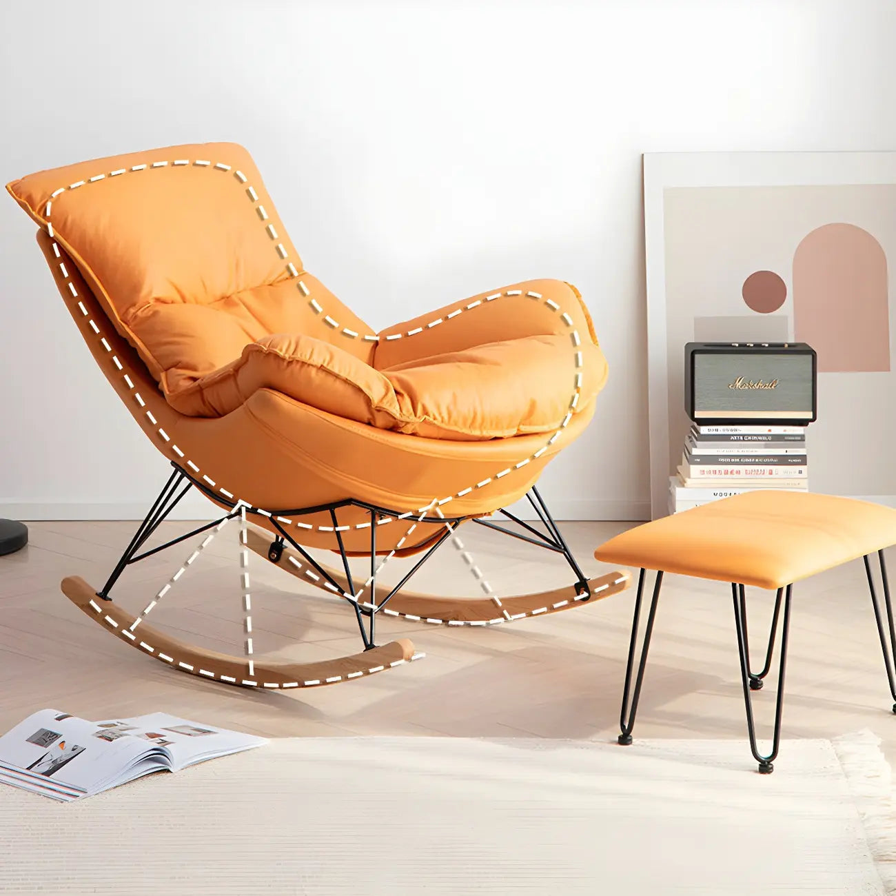 Armless Upholstered Rocking Chair with Ottoman for Living Room
