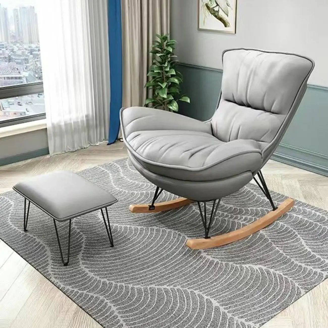 Armless Upholstered Rocking Chair with Ottoman for Living Room