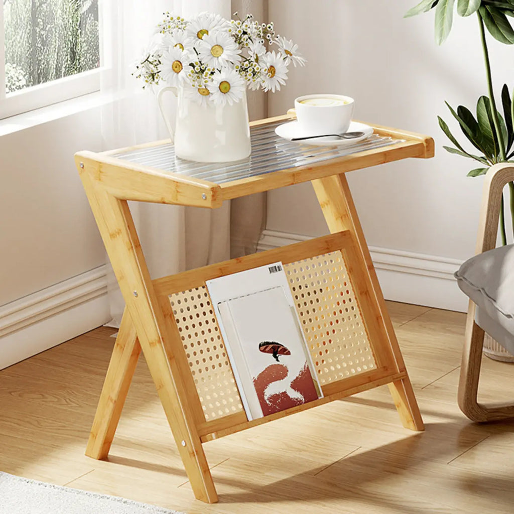 Glass Top Side Table with Magazine Rack for Living Room