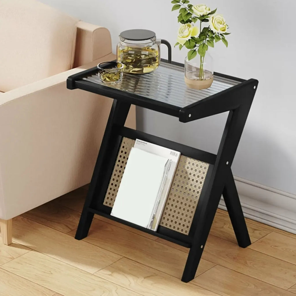 Glass Top Side Table with Magazine Rack for Living Room