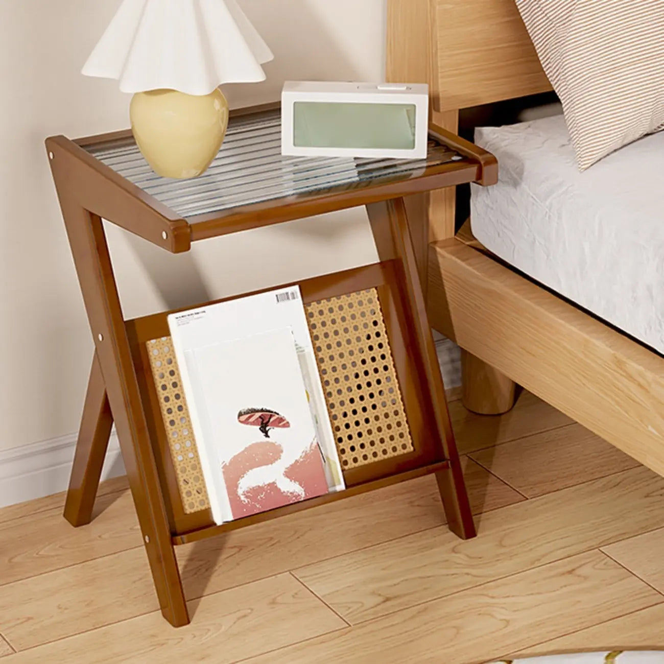 Glass Top Side Table with Magazine Rack for Living Room