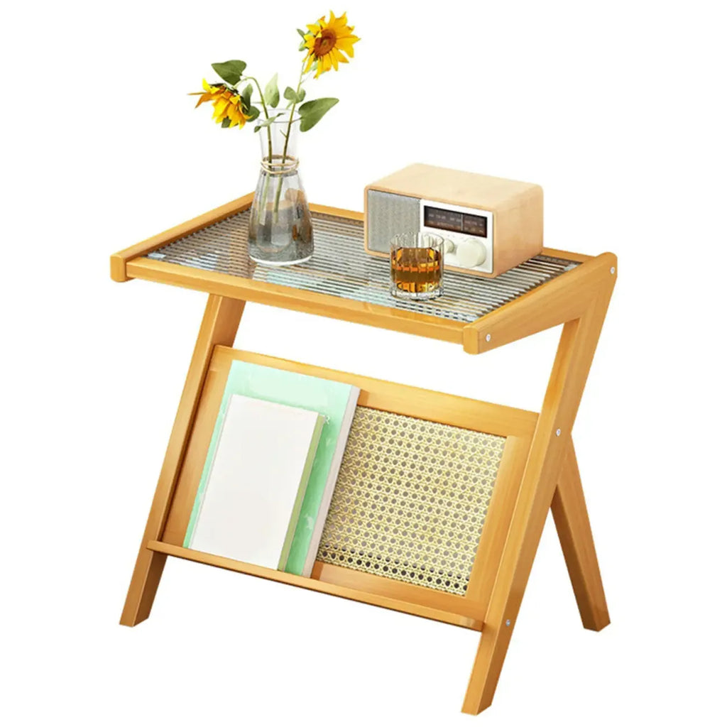 Glass Top Side Table with Magazine Rack for Living Room