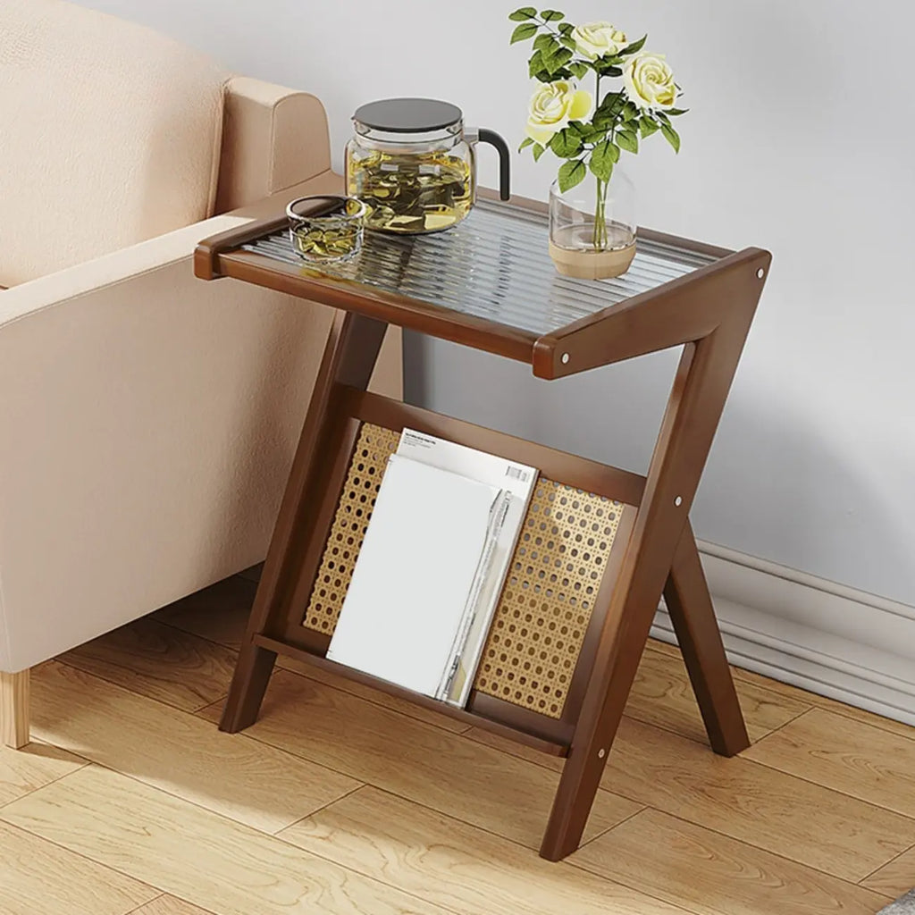 Glass Top Side Table with Magazine Rack for Living Room