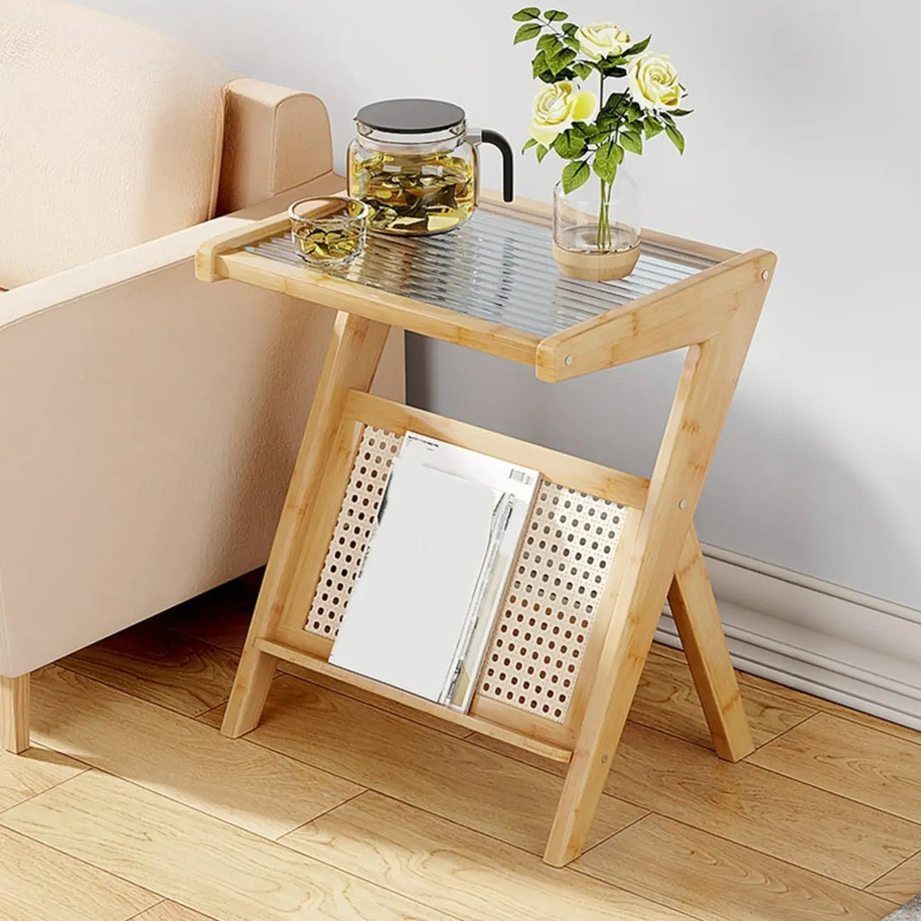 Glass Top Side Table with Magazine Rack for Living Room