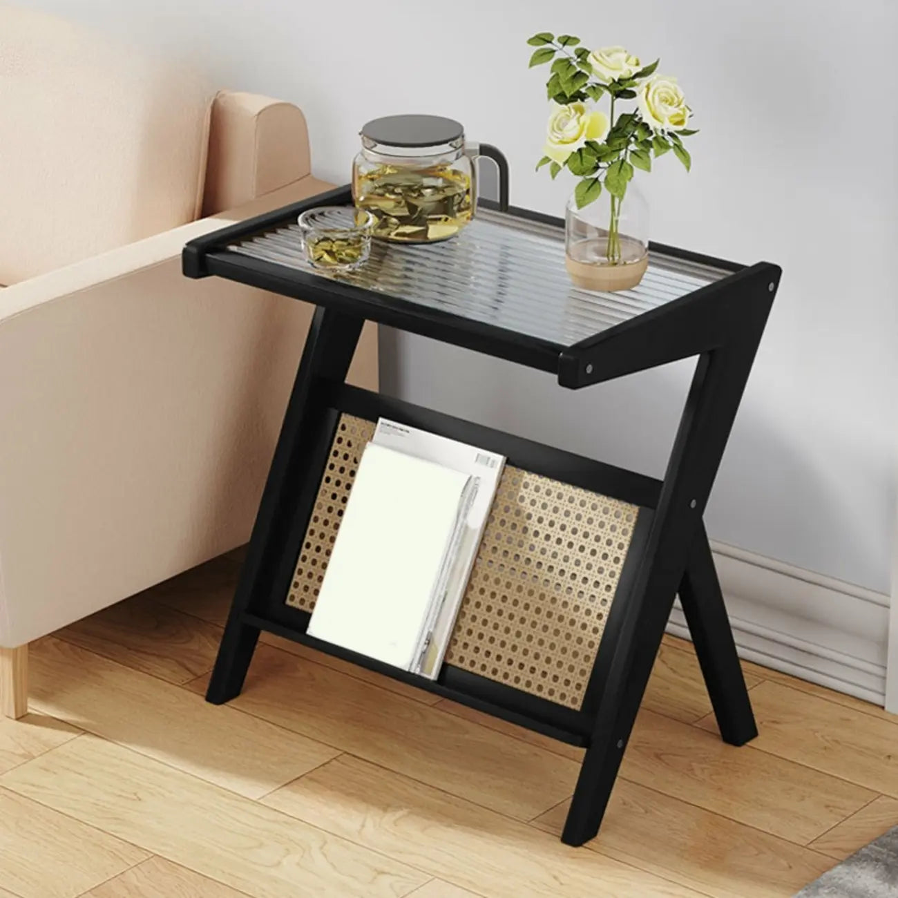 Glass Top Side Table with Magazine Rack for Living Room
