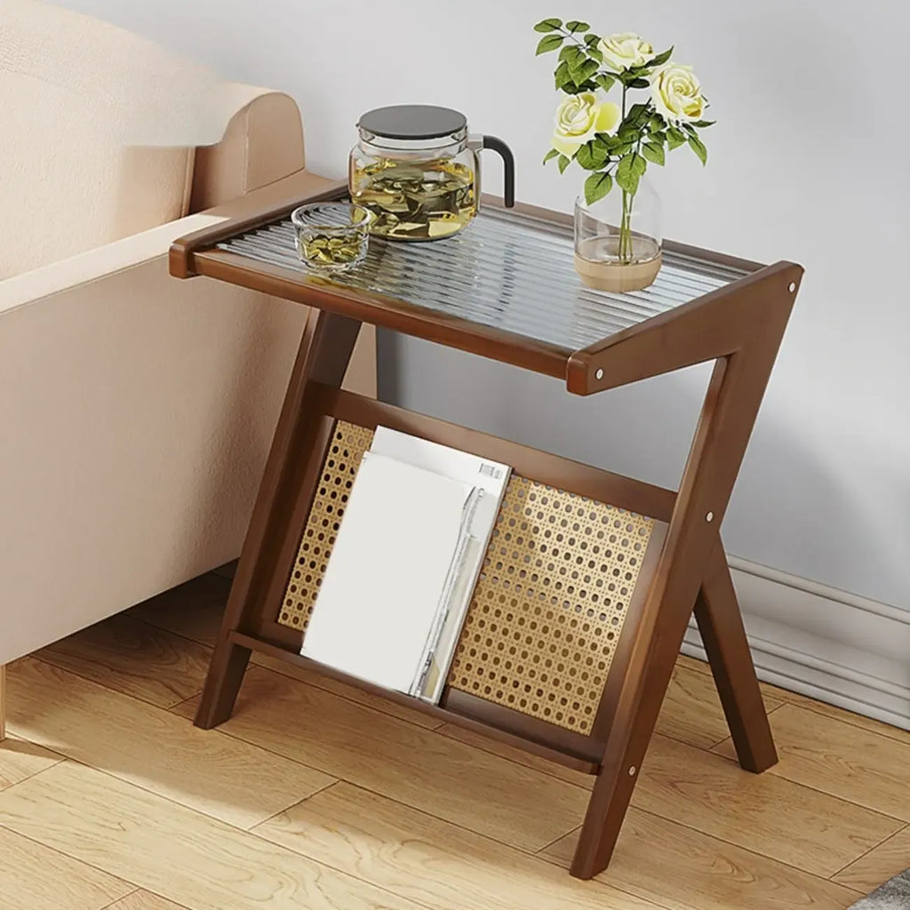 Glass Top Side Table with Magazine Rack for Living Room