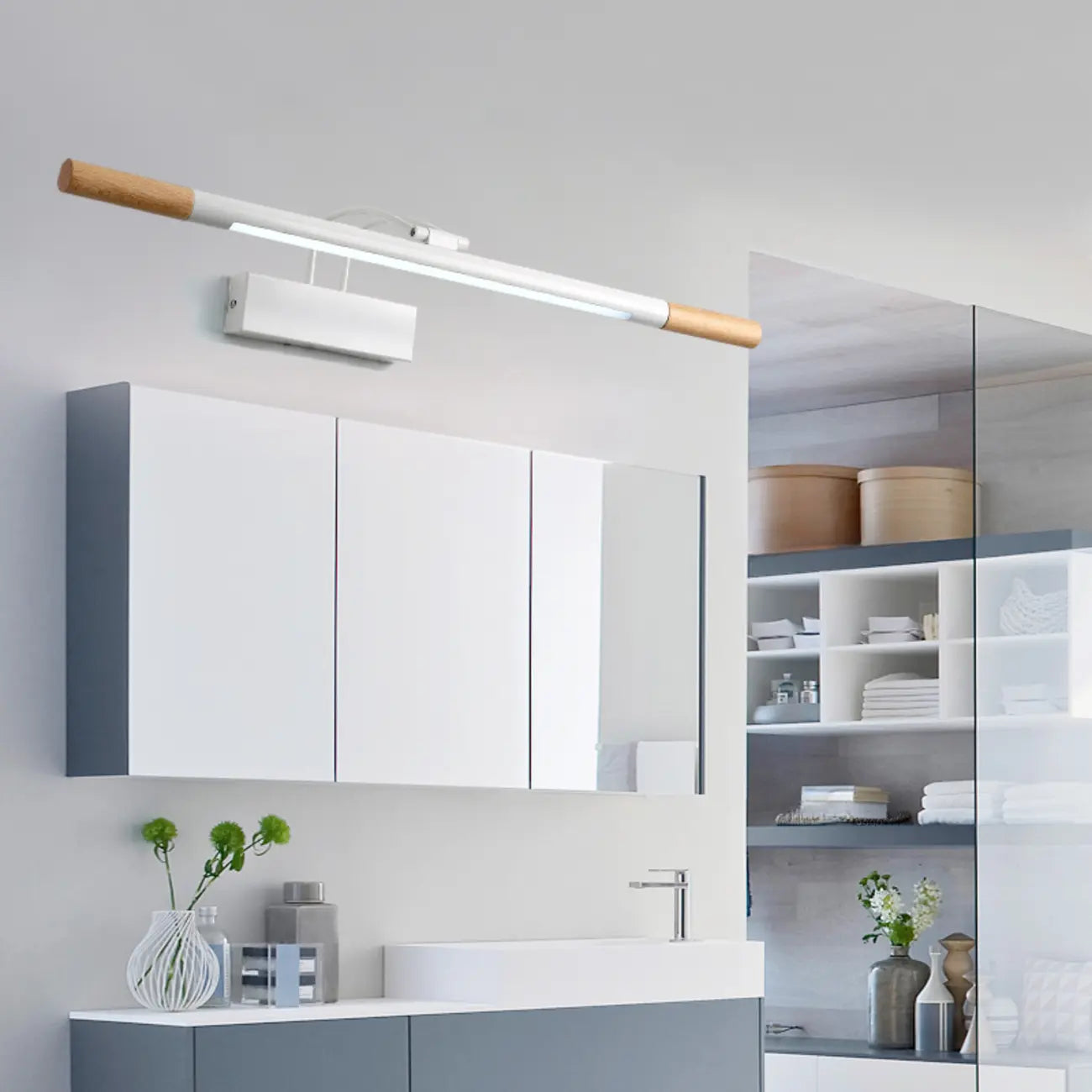 Modern White LED Bathroom Vanity Light with Wood Accent