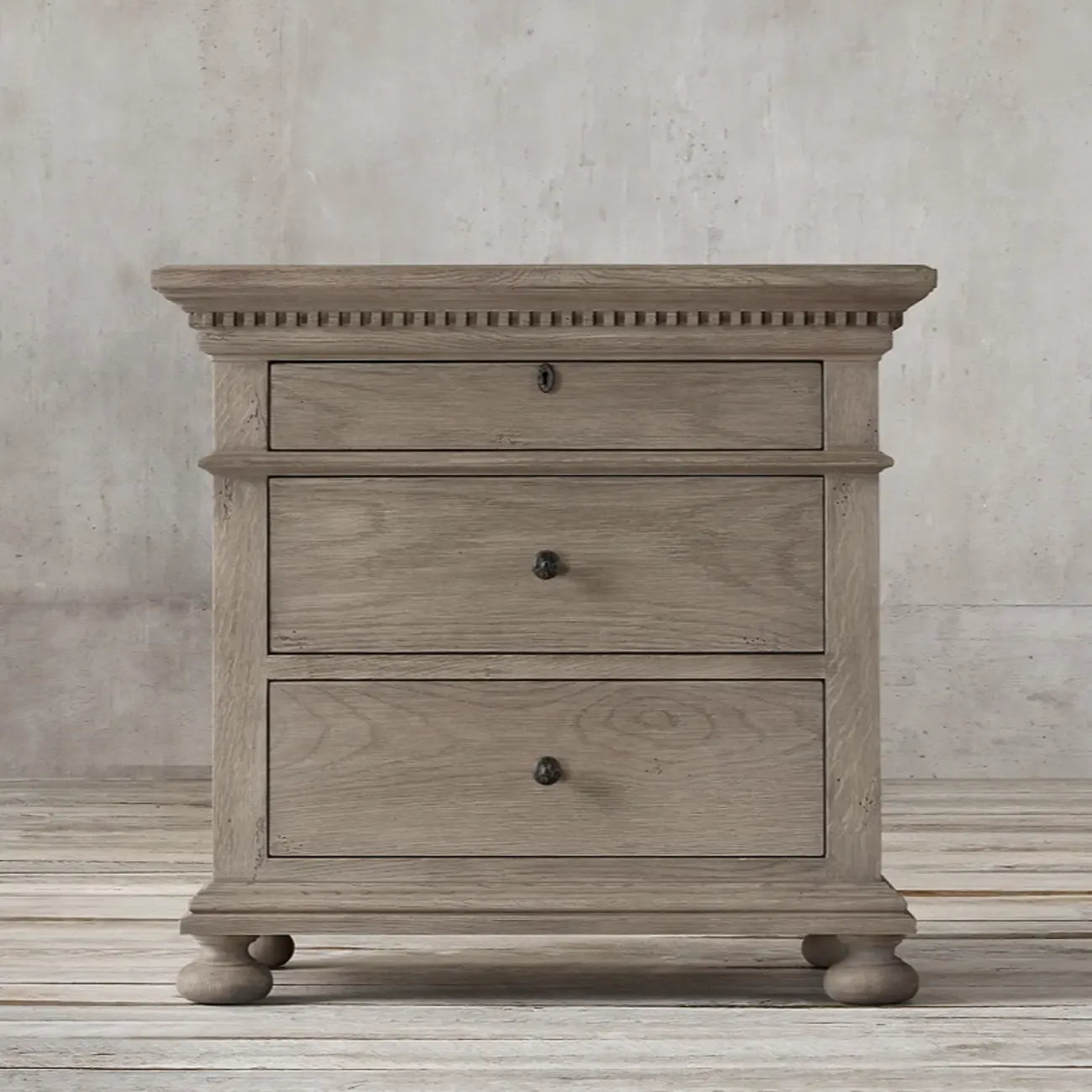 Traditional Grey Wooden Bedside Table with 3 Drawers Storage