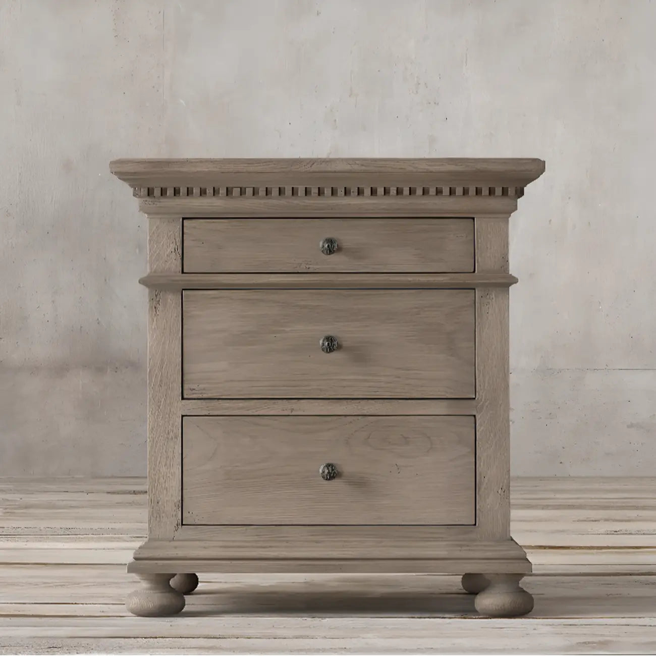 Traditional Grey Wooden Bedside Table with 3 Drawers Storage