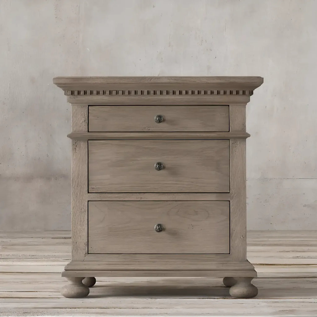 Traditional Grey Wooden Bedside Table with 3 Drawers Storage
