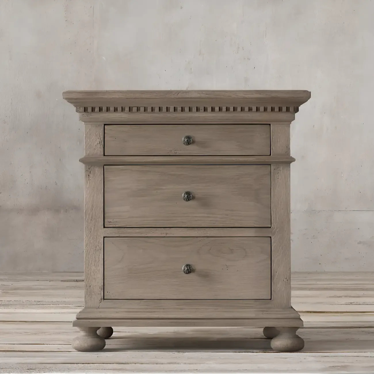Traditional Grey Wooden Bedside Table with 3 Drawers Storage