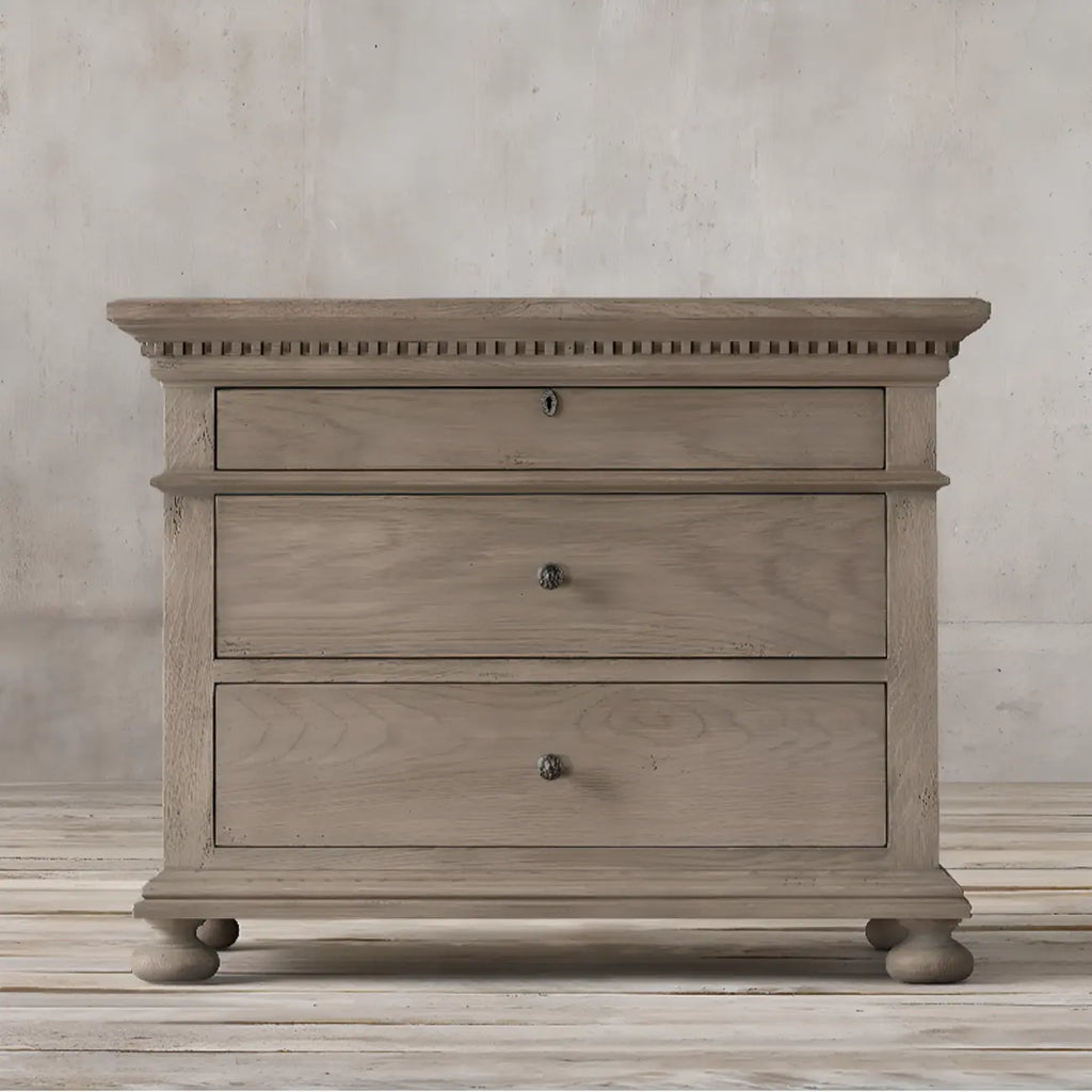 Traditional Grey Wooden Bedside Table with 3 Drawers Storage