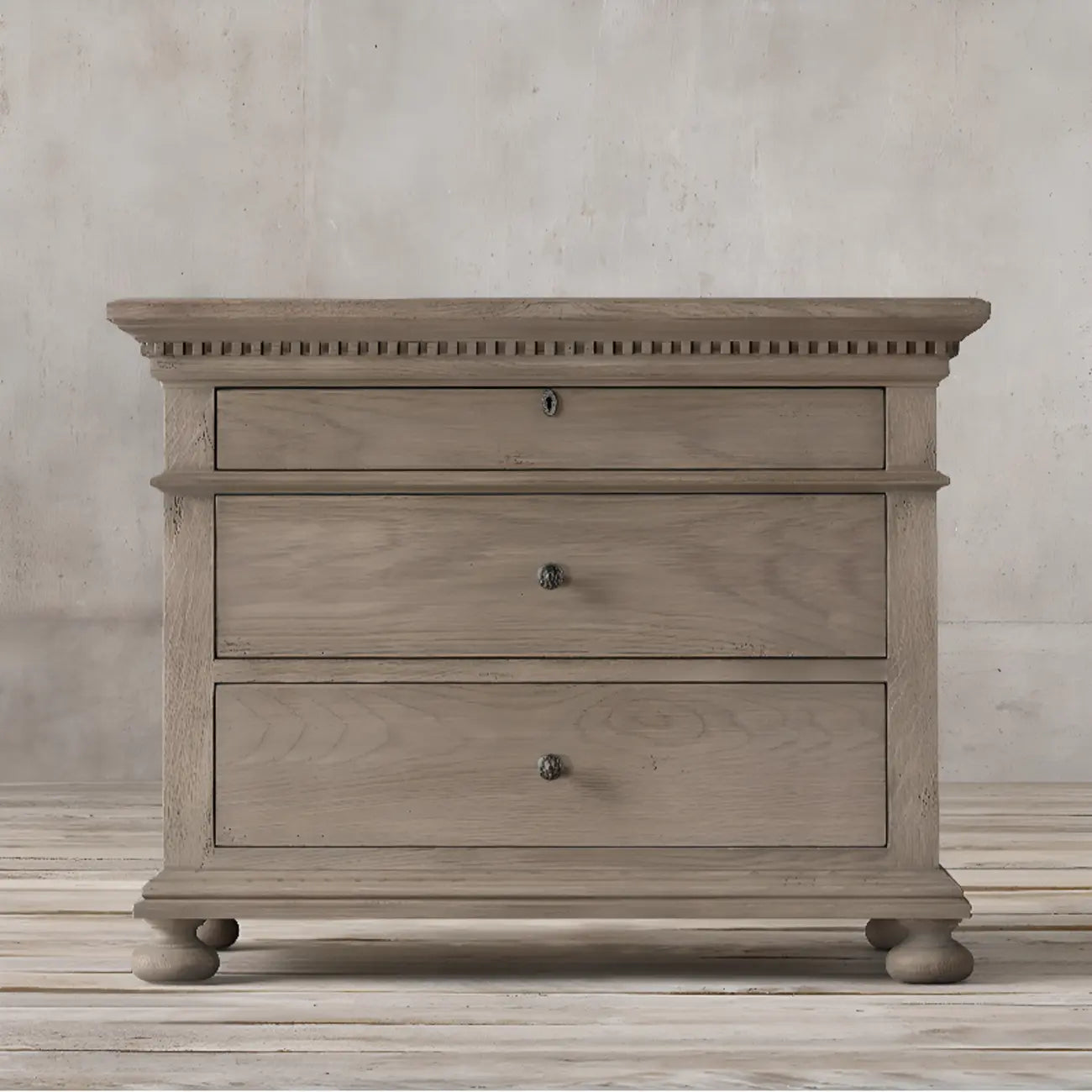 Traditional Grey Wooden Bedside Table with 3 Drawers Storage