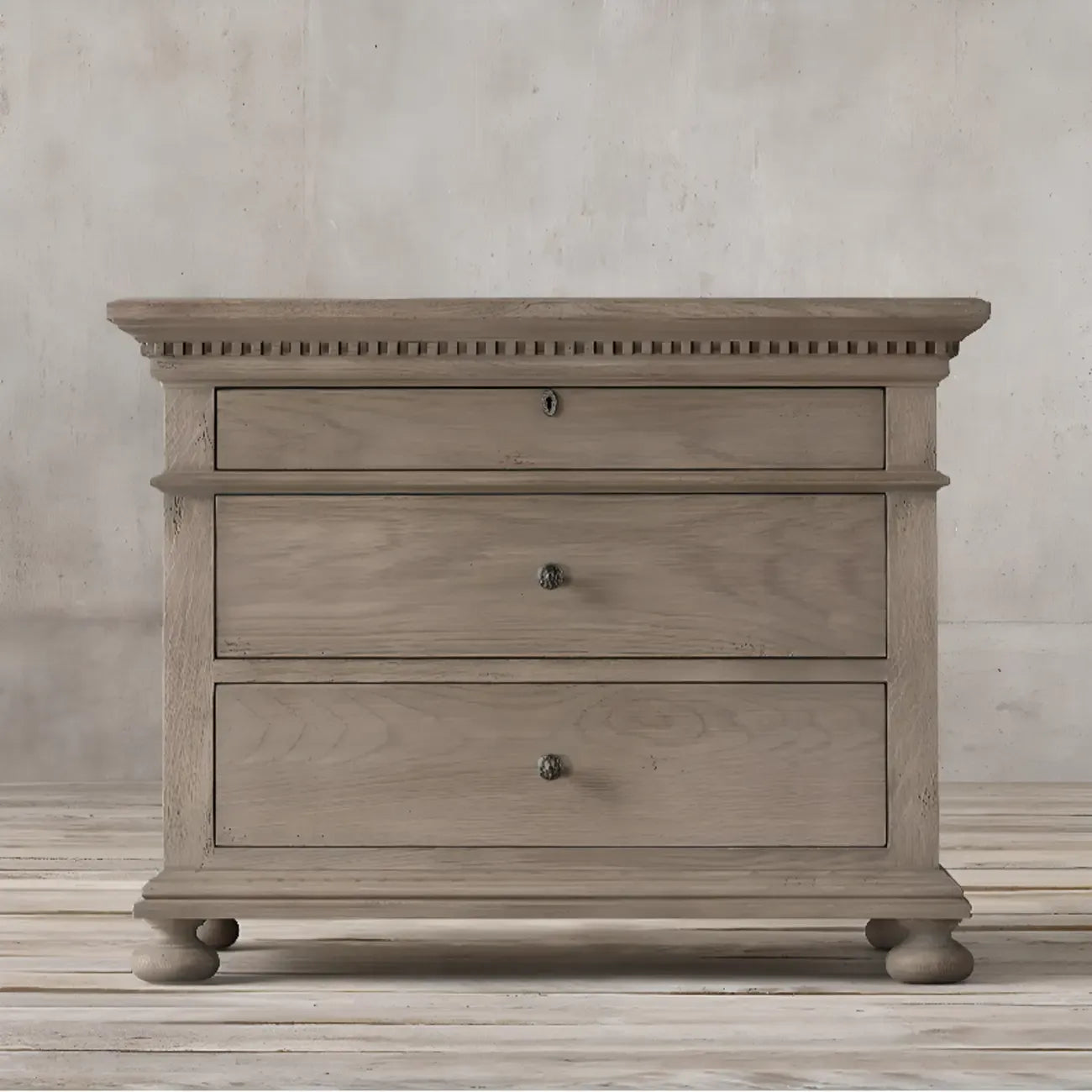 Traditional Grey Wooden Bedside Table with 3 Drawers Storage