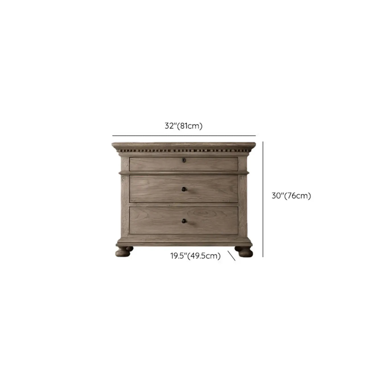 Traditional Grey Wooden Bedside Table with 3 Drawers Storage