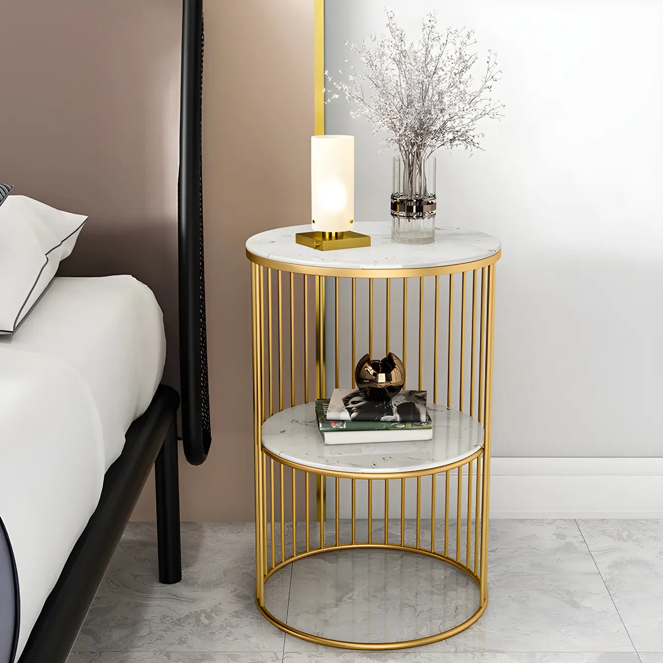 Modern Metal Bedside Table with Open Shelf in Cylindrical Shape