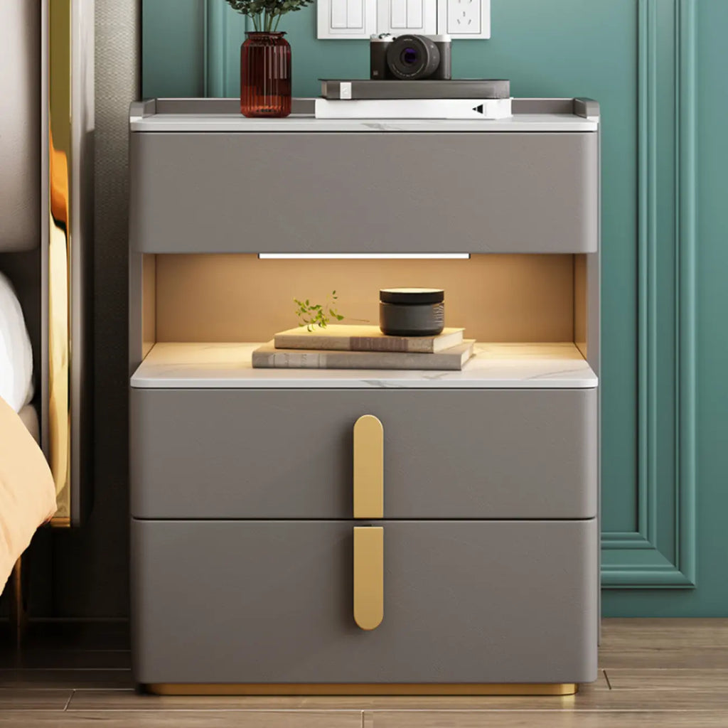 LED Lighting White Marble 3-Drawer Storage Nightstand