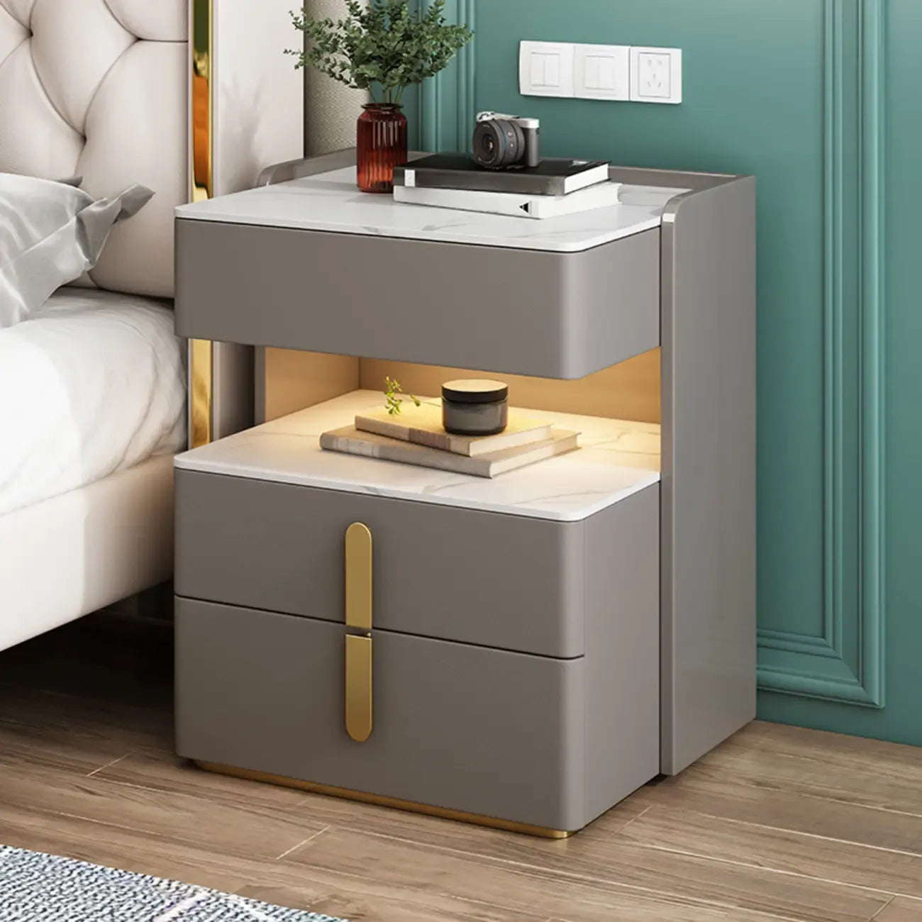 LED Lighting White Marble 3-Drawer Storage Nightstand