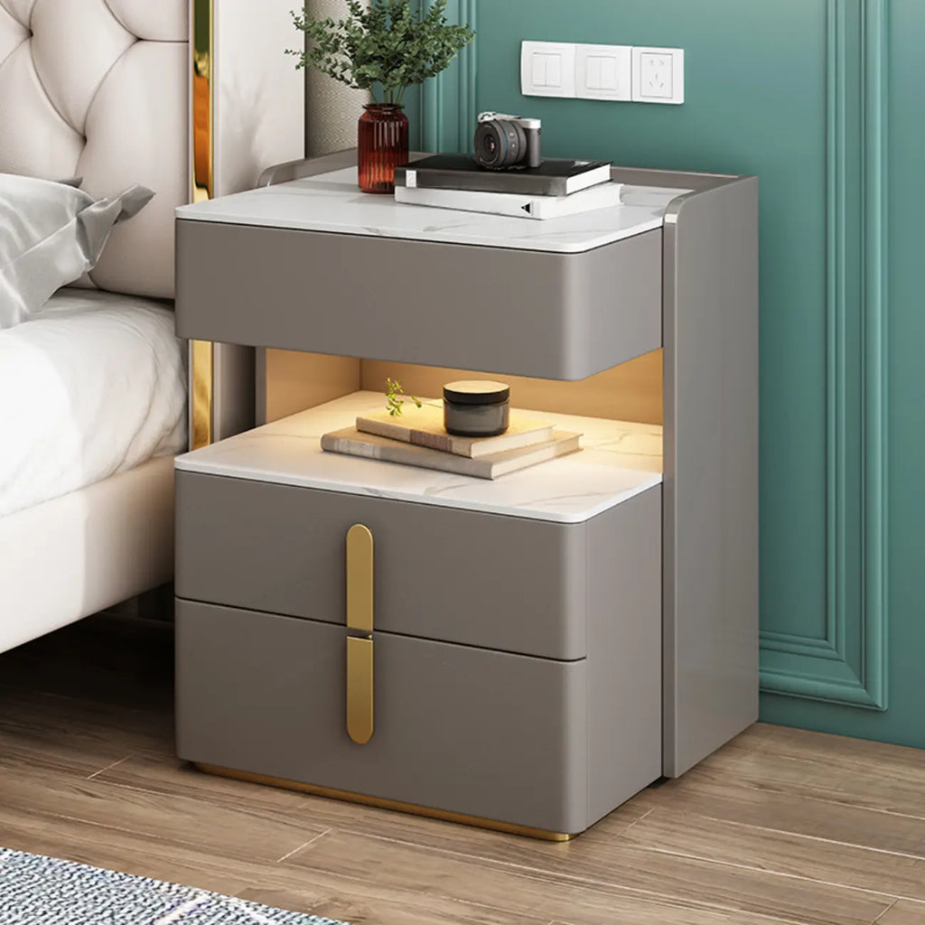 LED Lighting White Marble 3-Drawer Storage Nightstand