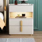 LED Lighting White Marble 3-Drawer Storage Nightstand