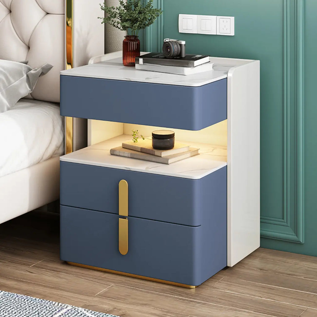 LED Lighting White Marble 3-Drawer Storage Nightstand