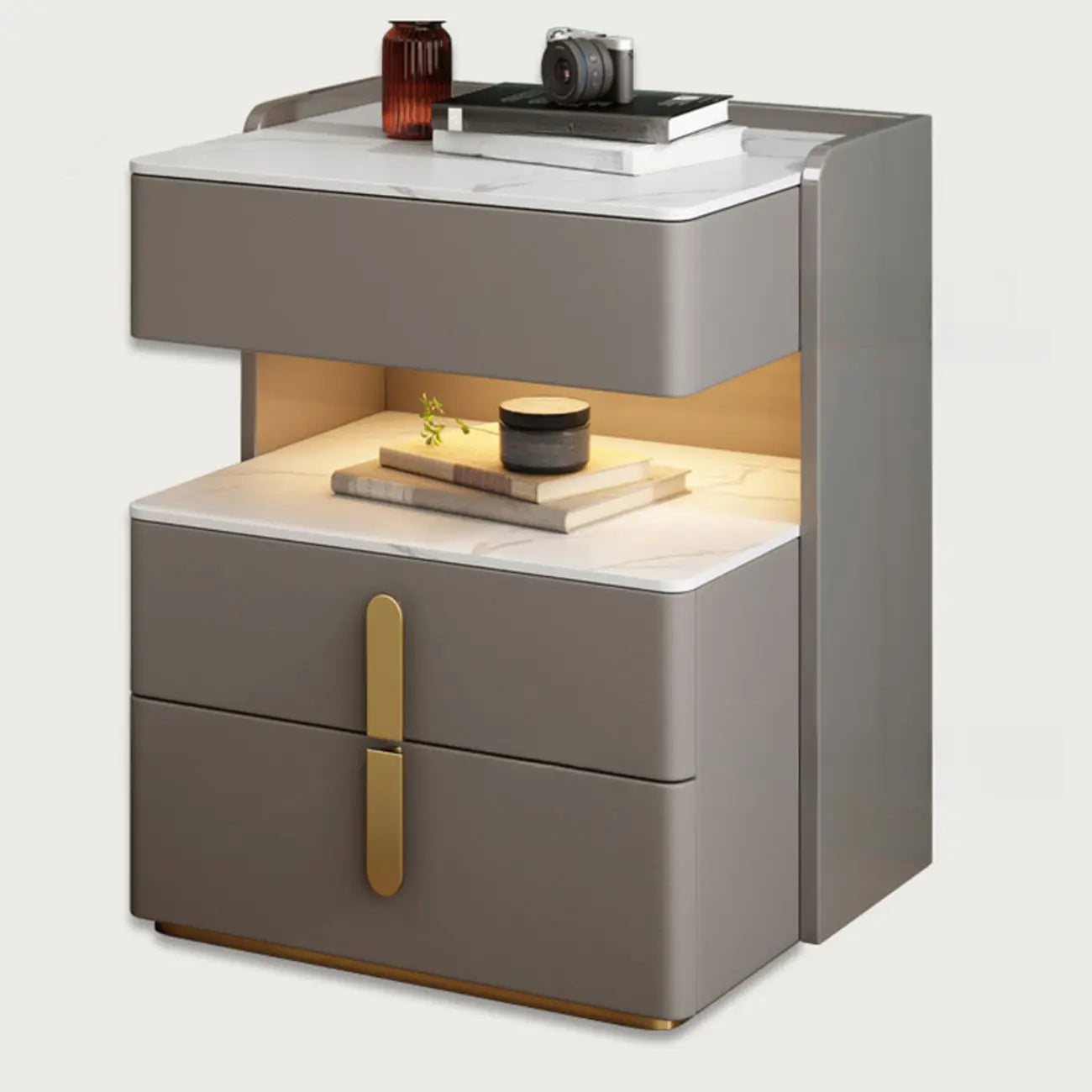 LED Lighting White Marble 3-Drawer Storage Nightstand