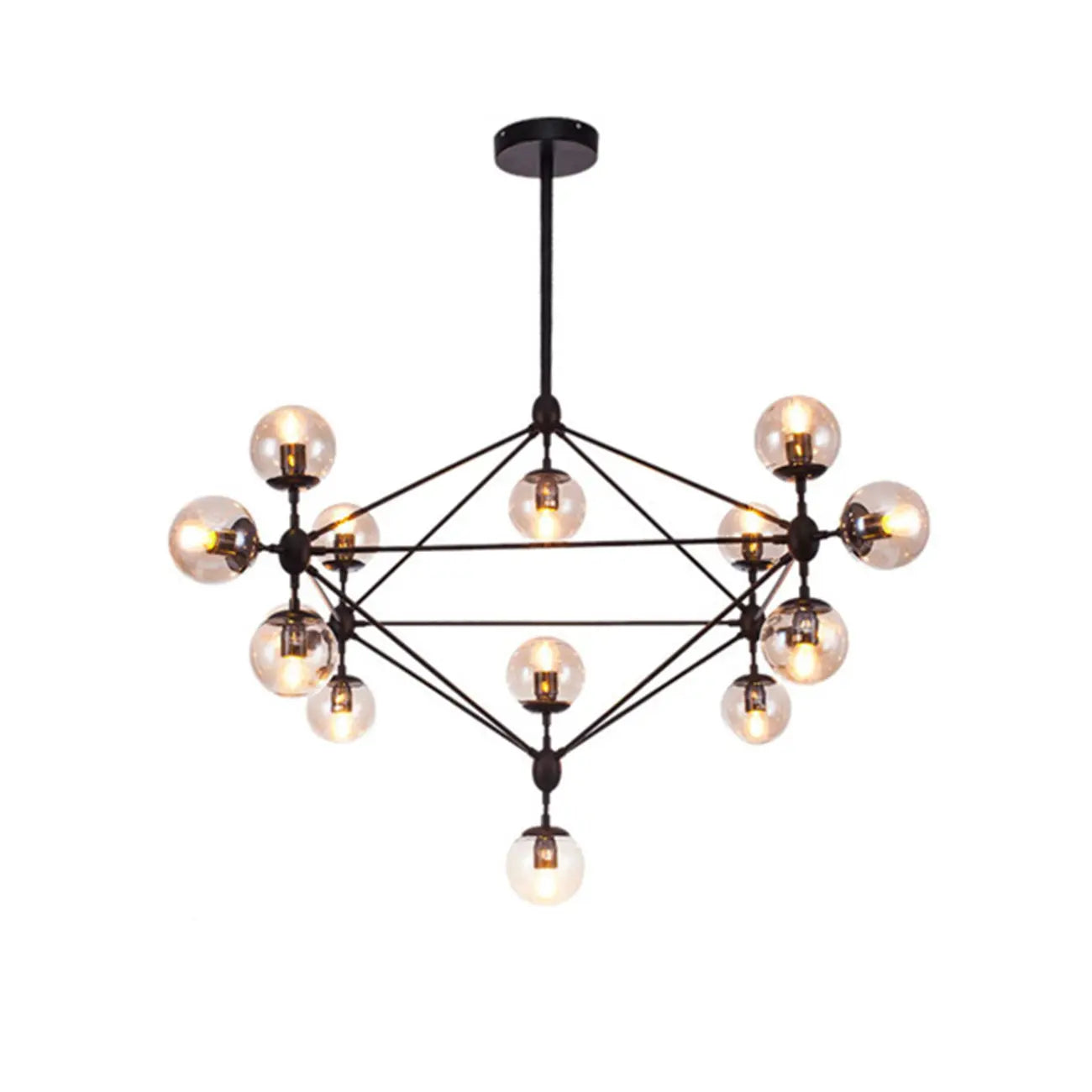 Industrial Black Globe Chandelier with Cognac Glass Shades