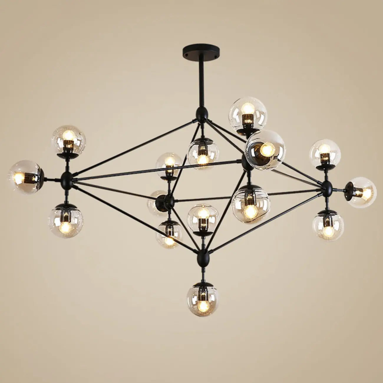 Industrial Black Globe Chandelier with Cognac Glass Shades