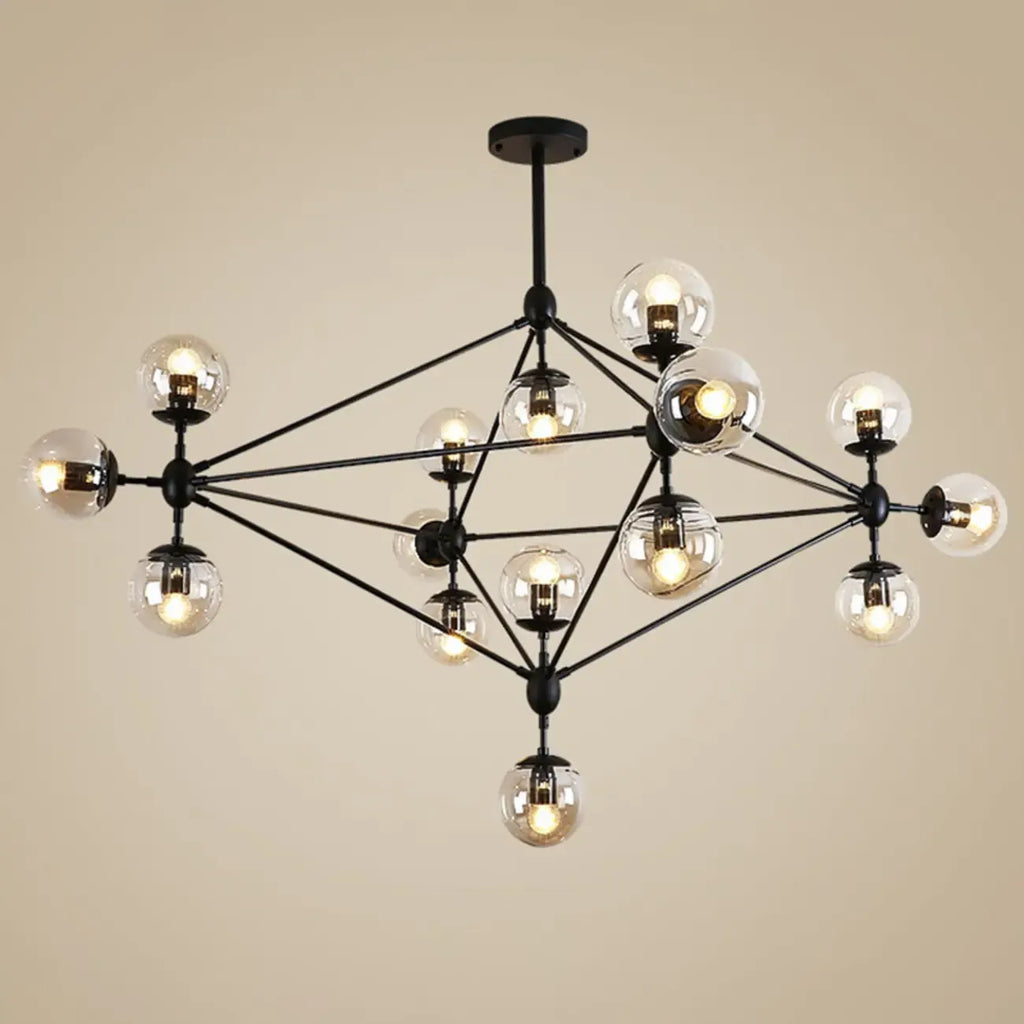 Industrial Black Globe Chandelier with Cognac Glass Shades
