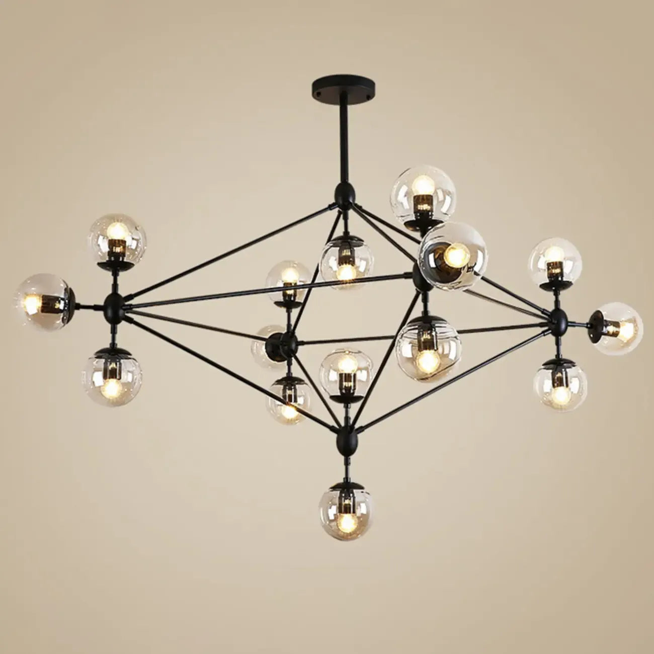 Industrial Black Globe Chandelier with Cognac Glass Shades