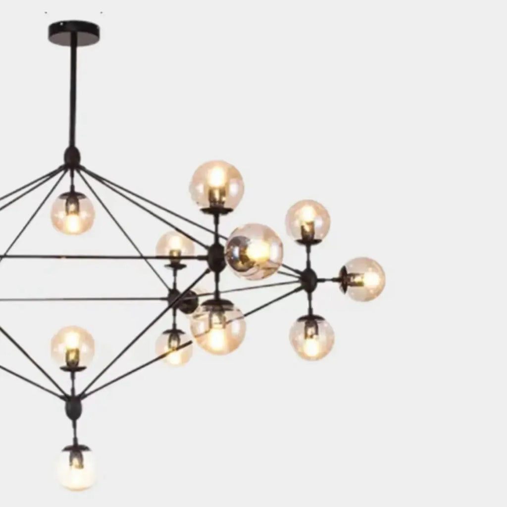 Industrial Black Globe Chandelier with Cognac Glass Shades