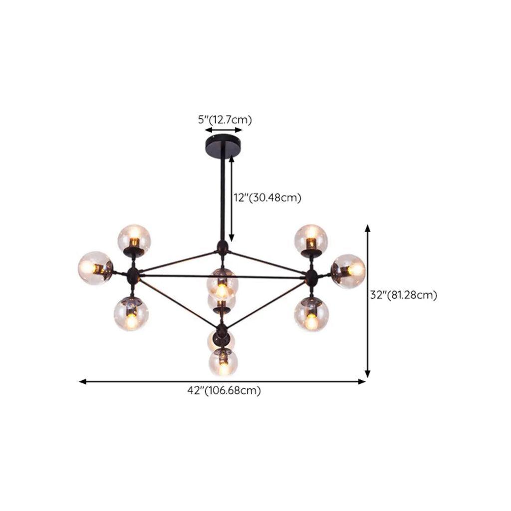 Industrial Black Globe Chandelier with Cognac Glass Shades