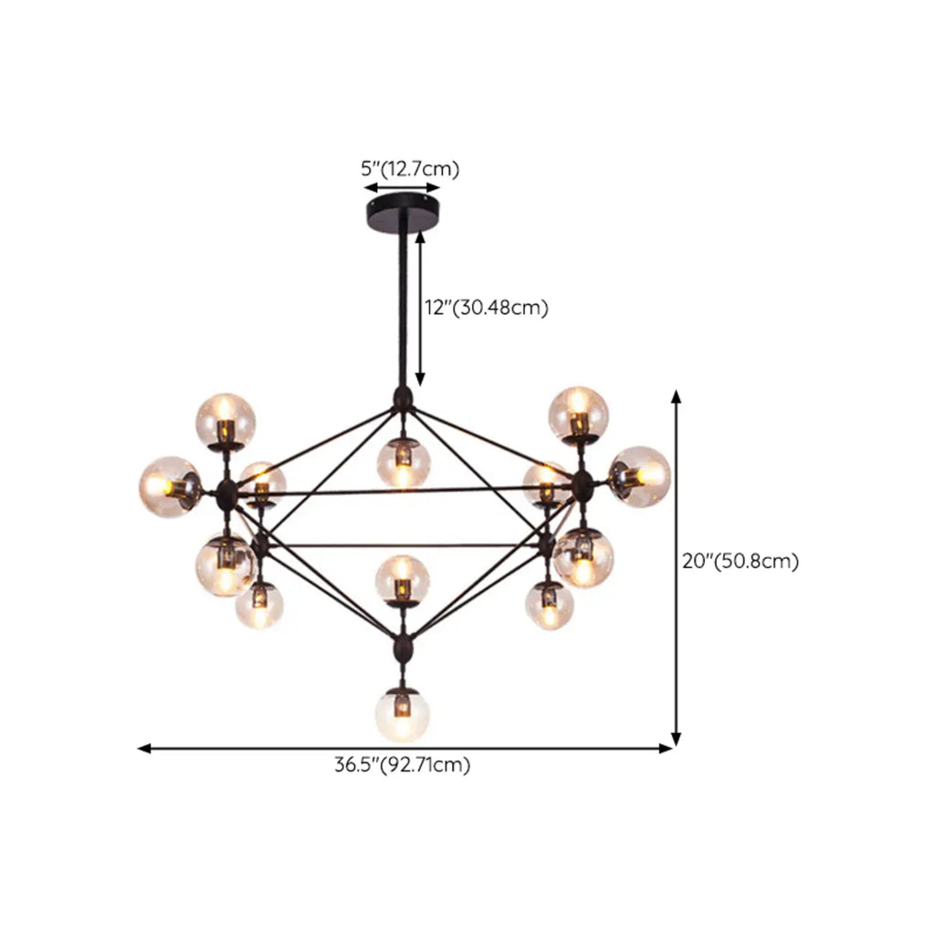 Industrial Black Globe Chandelier with Cognac Glass Shades