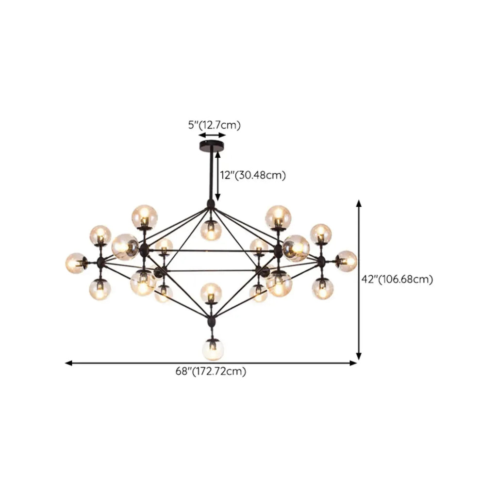 Industrial Black Globe Chandelier with Cognac Glass Shades