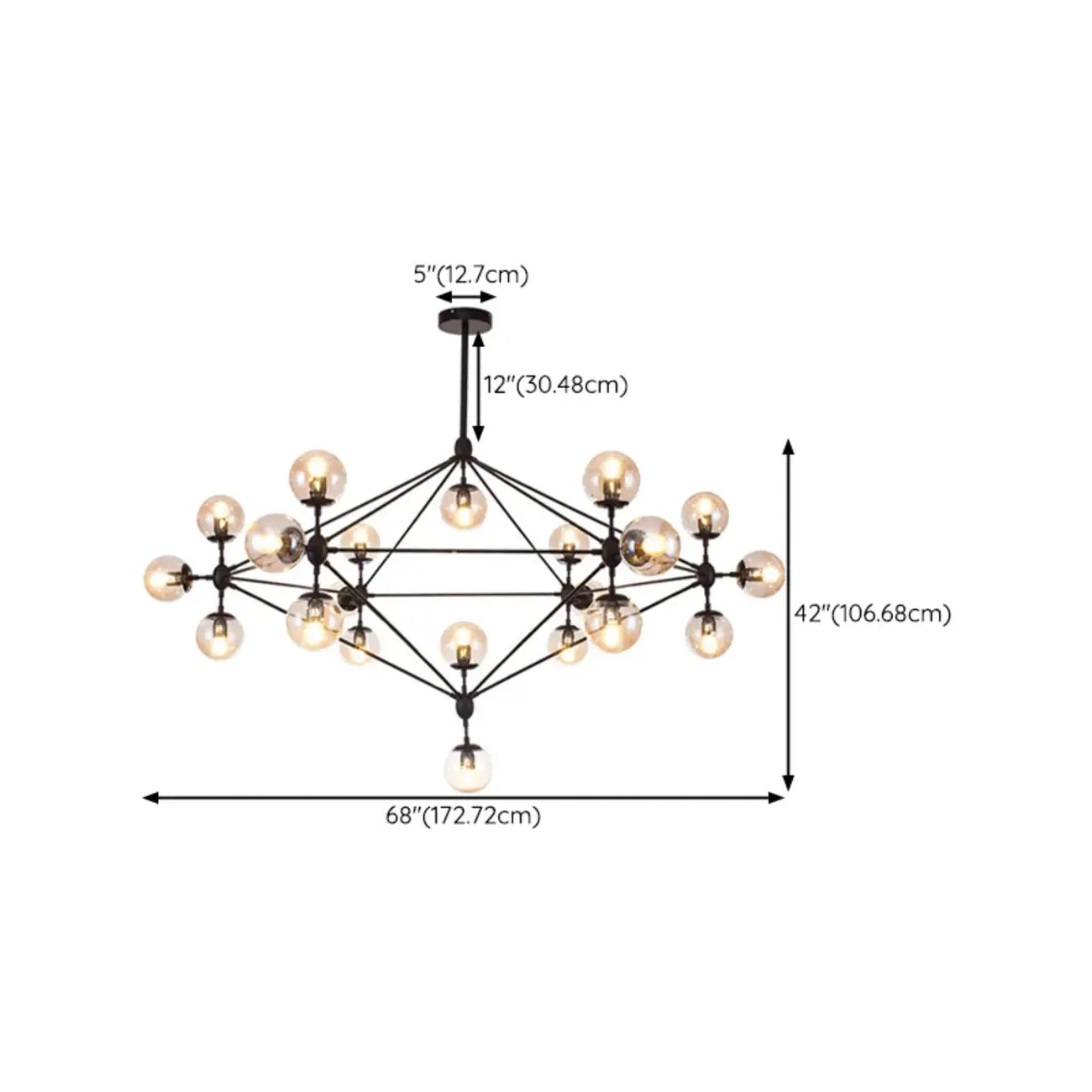 Industrial Black Globe Chandelier with Cognac Glass Shades