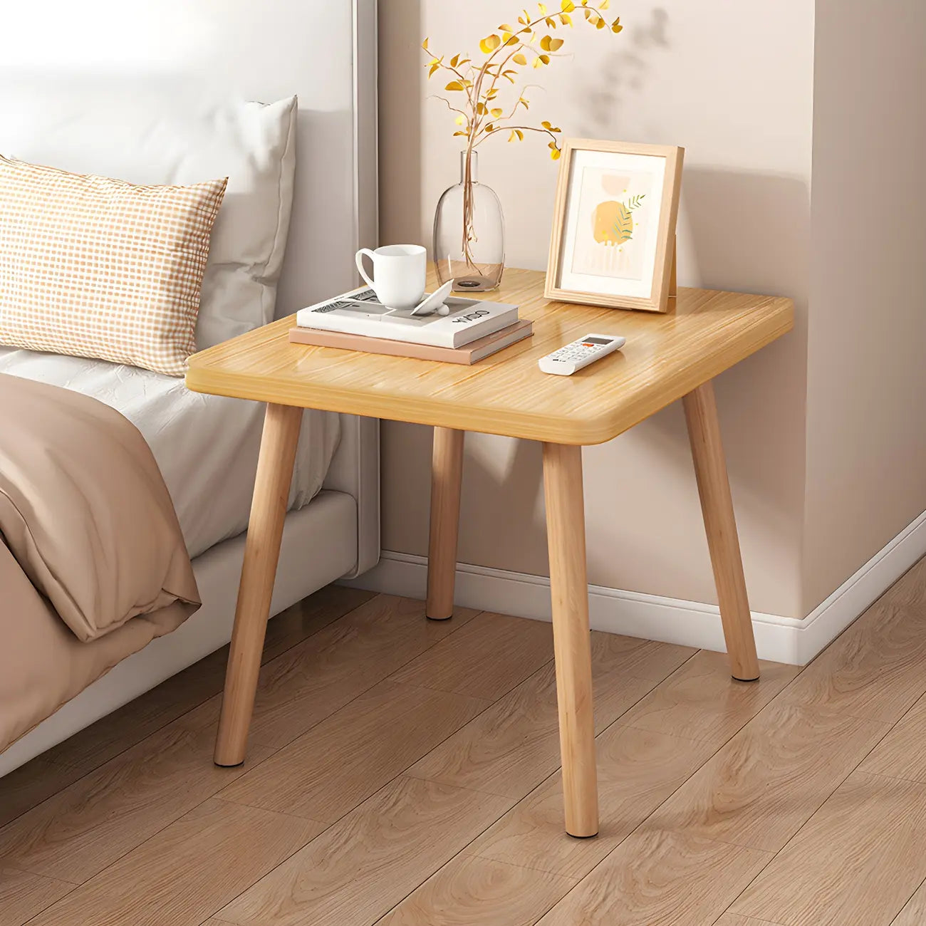 Contemporary Wood Small Round Bedside Table with Shelf