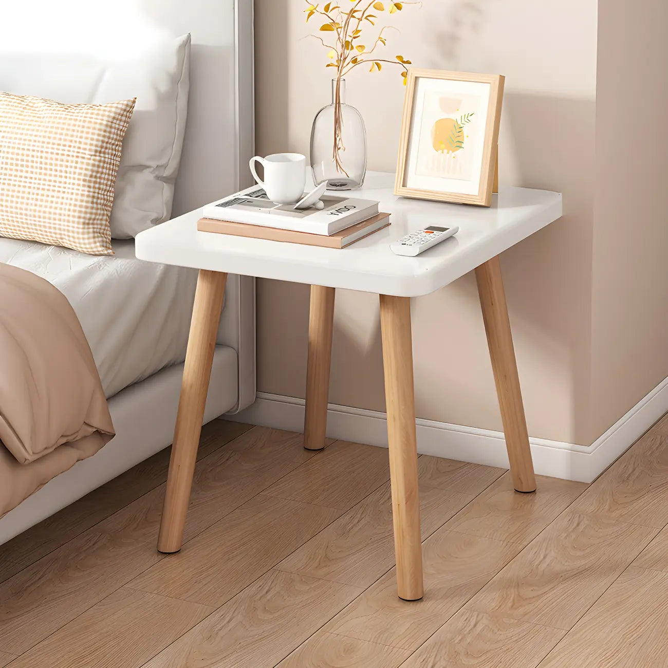 Contemporary Wood Small Round Bedside Table with Shelf