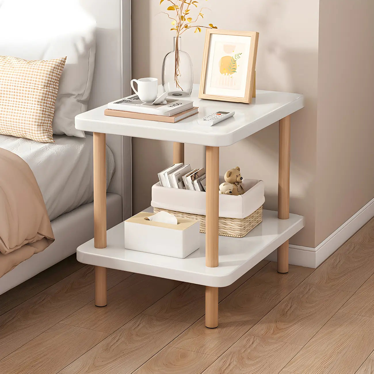 Contemporary Wood Small Round Bedside Table with Shelf